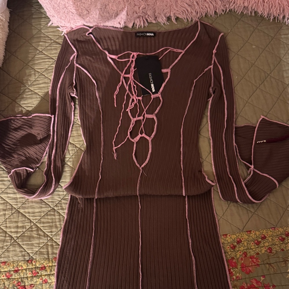 Fashion Nova Brown and Pink Long Sleeve Dress